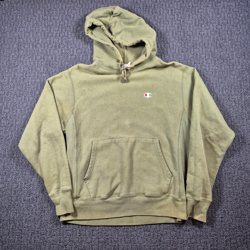 Champion Reverse Weave Hoodie Mens M Olive Green Distressed Pullover Sweatshirt